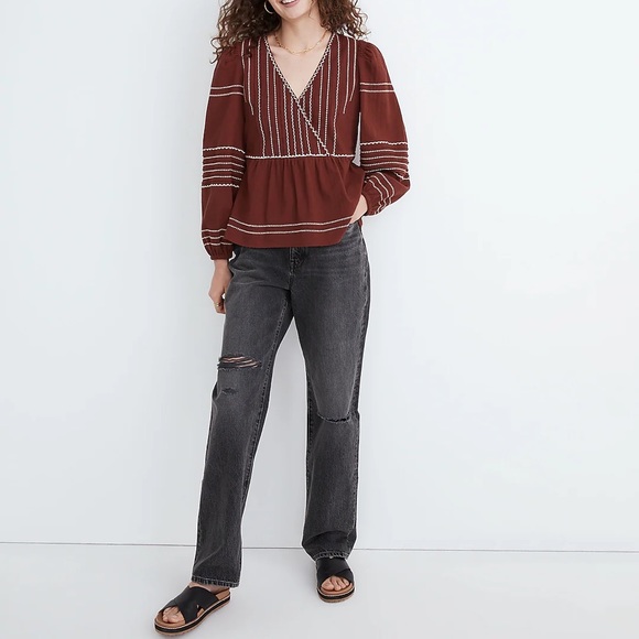 Madewell Embroidered Faux-Wrap Top Women's Size S Surplice Neckline Long sleeves - Picture 3 of 11